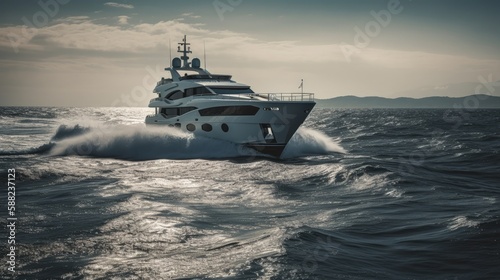 A luxury yacht rides the waves in the Mediterranean. Generative AI.