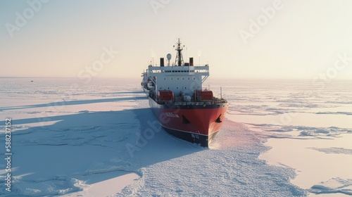 Nuclear-Powered Icebreaker Clearing Path for Transport Ships in Icy Waters on the Northern Sea Route. Concept. Generative AI.