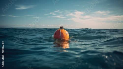 Solitary Buoy at Sunset on Open sea. Generative AI.