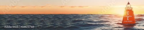 Solitary Buoy at Sunset on Open sea. Banner Format. Generative AI.
