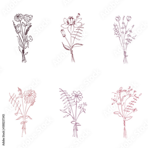 Botanical drawing. Minimal plant logo, meadow greenery, leaves and flowers abstract sketch collection, linear rustic branch. Vector hand drawn wedding invitation bouquet decoration set