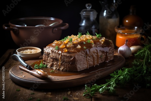 Close-up traditional Sauerbraten with a delicious sauce   with beautiful kitchen background  generative AI tools.