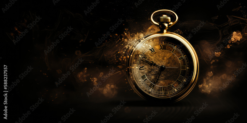 Pocket watch, clock with particles symbolize time and wealth management