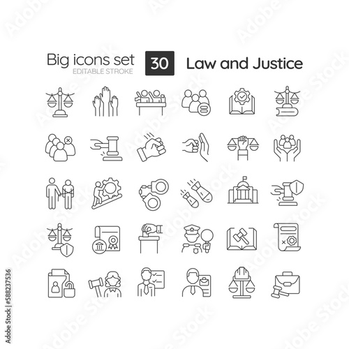 Law and justice linear icons set. Human rights protection. Federal regulations and rules. Judgement. Customizable thin line symbols. Isolated vector outline illustrations. Editable stroke