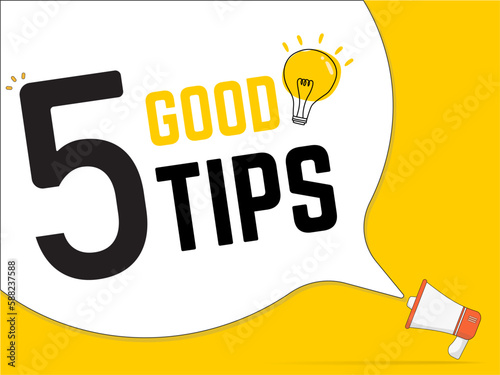 5 Tips badge with light bulb on speech bubble. flat vector on isolated white background. eureka, Good Idea, illustration.