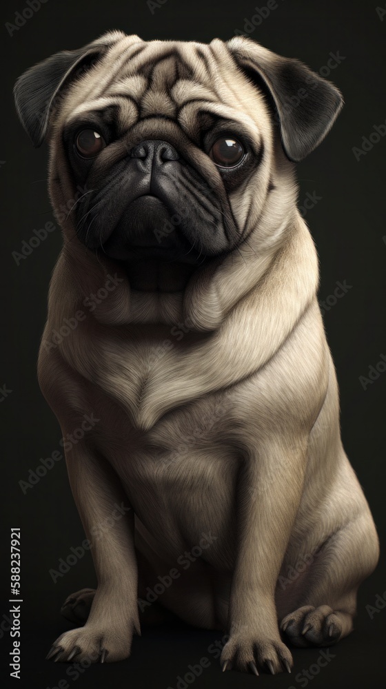 Illustration of a cute pug dog sitting in front of a black background created with Generative AI technology