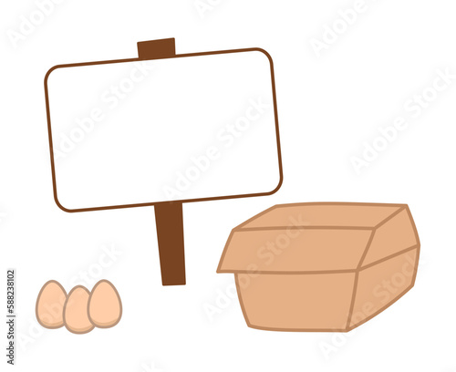Small pack of fresh eggs with promotional sign on white background