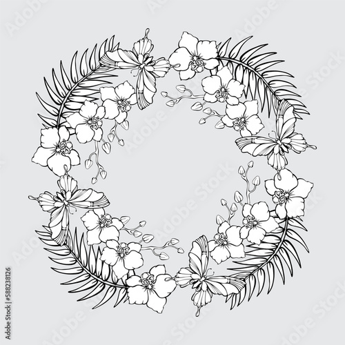 Floral mandala. Tropical flowers. Outline butterflies, orchids. Coloring page. Vector.