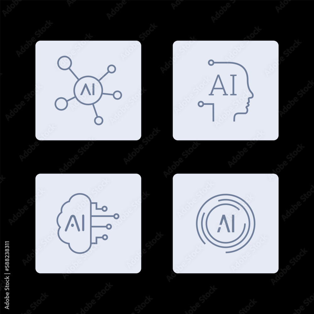 AI Artificial Intelligence icon set inline style, machine learning, smart robotic and cloud computing network digital AI technology: internet, solving, algorithm, vector illustration AI Artificial Intelligence icon set inline style, machine learning, smart robotic and cloud computing network digital AI technology: internet, solving, algorithm, vector illustration