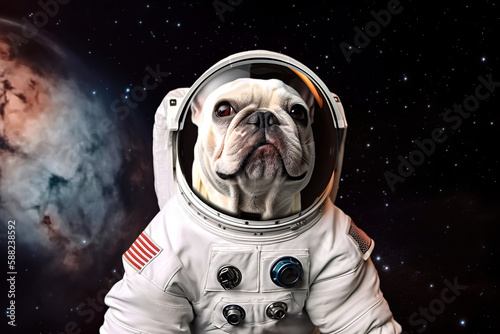 Abstract portrait of an animal in full astronaut gear, a dog cosmonaut in a spacesuit ready to conquer universe and galaxy. A cute little pet. Funny portrait. Illustration, Generative AI.