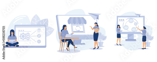 Online business, Drop servicing, domain flipping, business opportunity, outsource, drop shipping, web hosting, social media sales,set flat vector modern illustration
