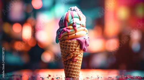 Ice cream in a waffle cone on a blurred background, generative AI.