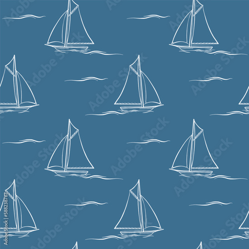 Sailboat and wave. Seamless pattern with cartoon boats. Vector texture.