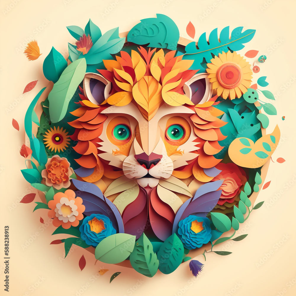 Illustration paper cut Lion face, Created with AI