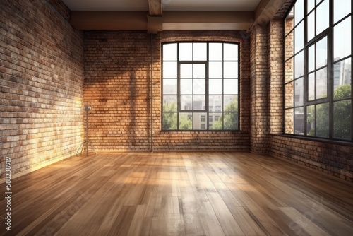 Illustration of an empty room with brick wall and large windows. Generative AI