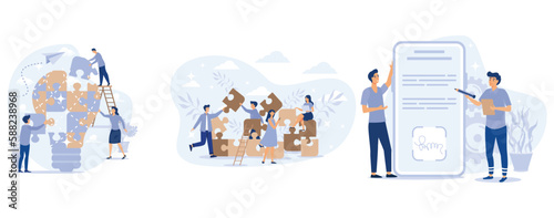Business teamwork on creative light bulb puzzle , Community of business people building teamwork and cooperation, Digital signature for electronic business document, set flat vector modern illustratio