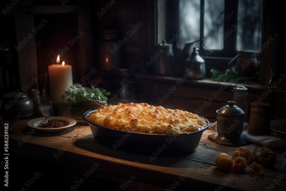 Close up Shepherd's pie with beautiful kitchen background, Illustration, and generative AI tools.
