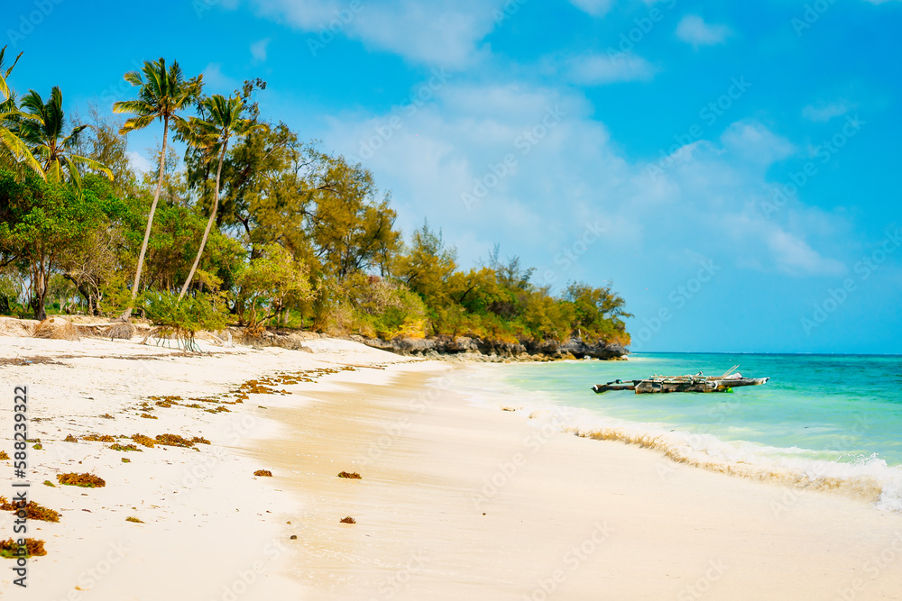 From above, one can see the breathtaking beauty of Zanzibar's sandy beaches, adorned with palm trees, umbrellas, white sand, and the crystal-clear waters of the Indian Ocean.