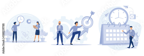 IT project delivery, Agile project management, planning and deadline, software development, scrum workflow, problem solving, set flat vector modern illustration 