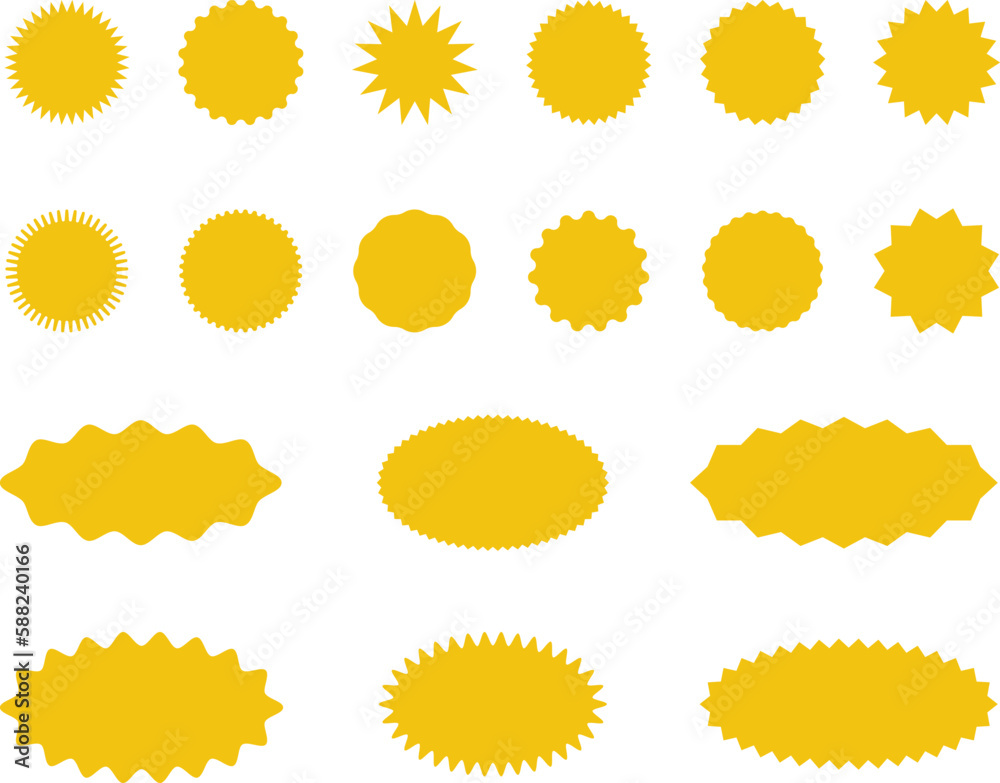 Yellow shopping labels collection. Sale or discount sticker. Special offer price tag. Supermarket promotional badge. Vector Starburst icon. Yellow shopping labels collection. Sale or discount sticker. Special offer price tag. Supermarket promotional badge. Vector Starburst icon.