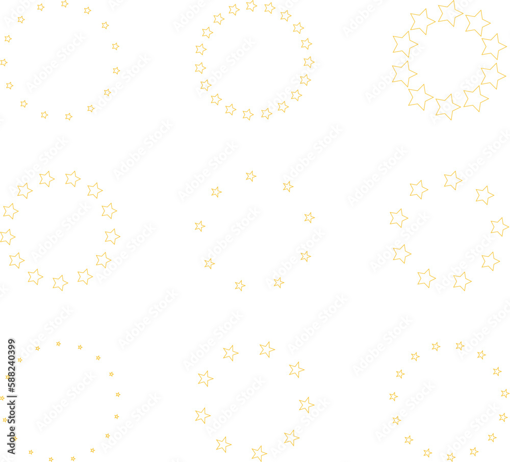 Stars of various sizes arranged in a circle. Round frame, border. Black star shape, simple symbol. Design element, ornament. Vector illustration.