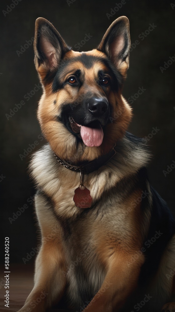 Illustration of a German Shepherd dog sitting in front of a black background created with Generative AI technology