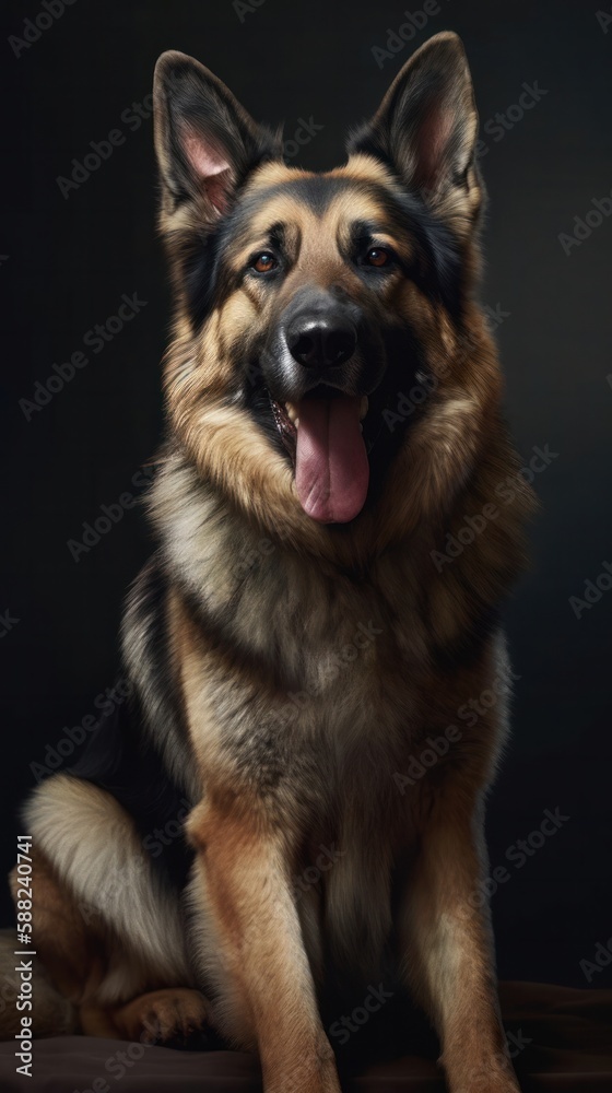 Illustration of a German Shepherd dog posing against a black backdrop created with Generative AI technology