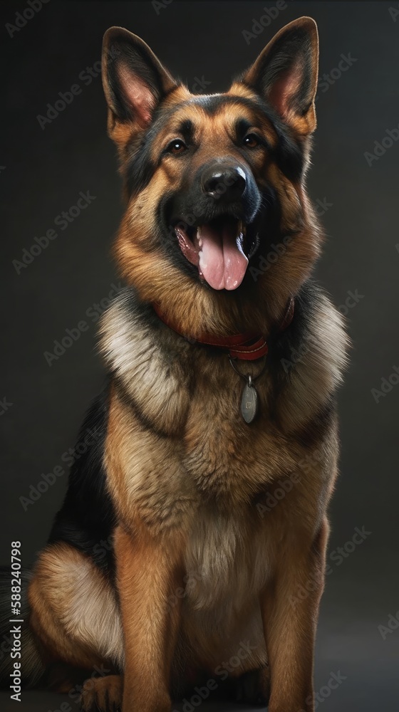 Illustration of a German Shepherd dog sitting against a black background created with Generative AI technology