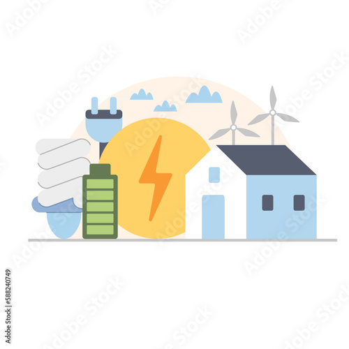 Modern building with windmills and green electricity. Smart house with energy from natural resources. Environment conservation benefits. Alternative sources of energy. Vector