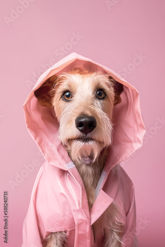 Autumn pastel pink abstract animal portrait, cute little dog in a raincoat ready for a walk on a rainy day. Cute pet and best friend. Illustration, Generative AI.