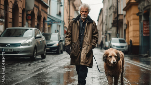 person walking with her dog on the city street Generative AI