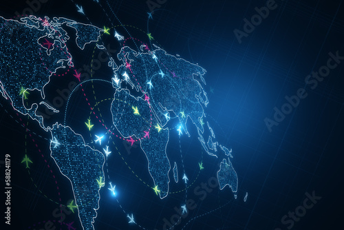 Creative glowing digital map with ariplane connections on dark texture. Flight routes airplanes network and global transportation interface. 3D Rendering.