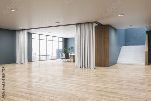 Fototapeta Naklejka Na Ścianę i Meble -  Contemporary spacious meeting room interior with furniture, staircase, partition curtains, window with city view and wide wooden parquet floor. 3D Rendering.