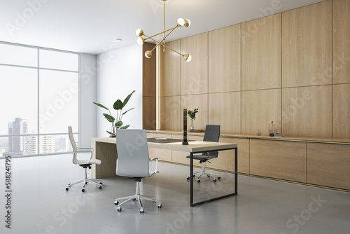 Luxury loft wooden office interior with panoramic window and city view, furniture, equipment and decorative plants, various items. 3D Rendering.