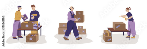 Volunteers sending aid to people in poverty. Ngo team assembling charity food and clothes. Help and support to people in need. Color set vector graphic, flat art collection, cartoon illustration