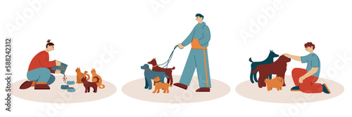 Protection and care for homeless cats and dogs. Zoo volunteers helping shelter pets. Walking and feeding in animal pound. Color set vector graphic, flat art collection, cartoon illustration