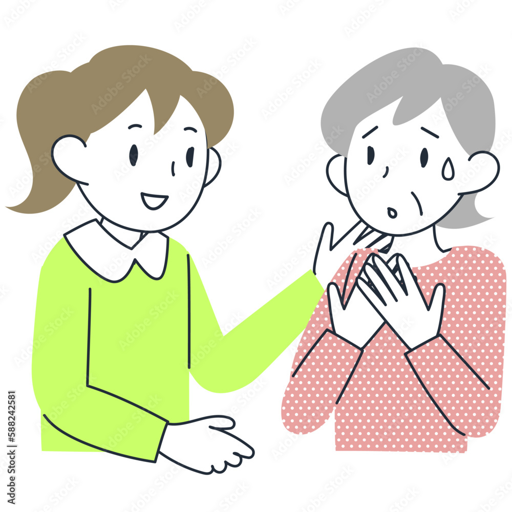 不安げな顔で話すシニア女性と耳を傾ける若い女性 不安げな顔で話すシニア女性と耳を傾ける若い女性