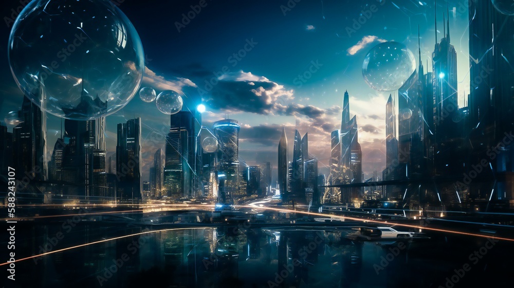 Futuristic sci-fi city with flying objects and cars, concept art, made using Generative AI technology