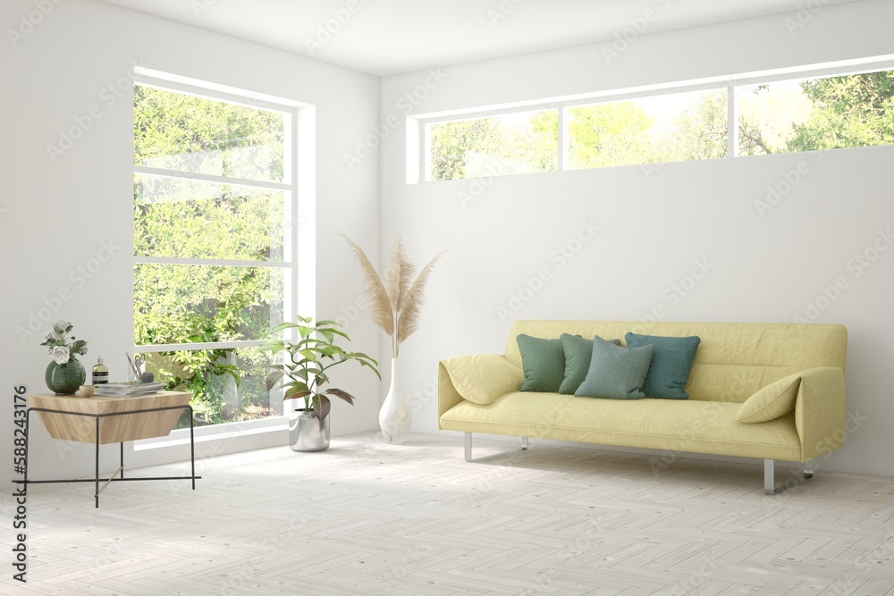 White living room with sofa and summer landscape in window. Scandinavian interior design. 3D illustration White living room with sofa and summer landscape in window. Scandinavian interior design. 3D illustration