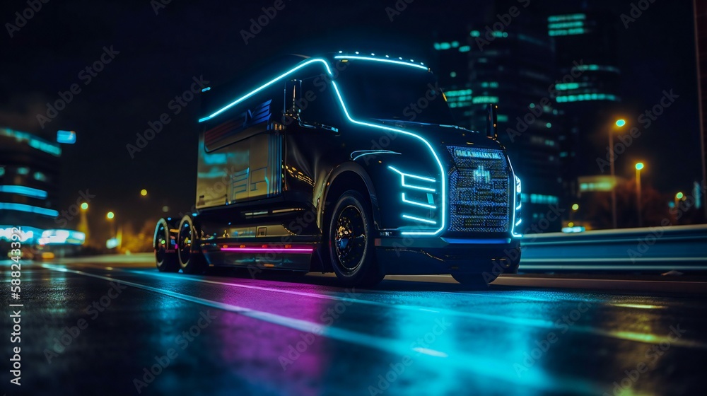 Modern and futuristic self-driving truck driving by the city during the night, created using Generative AI technology