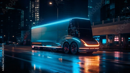 Modern and futuristic self-driving truck driving by the city during the night, created using Generative AI technology