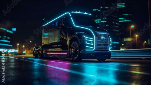 Modern and futuristic self-driving truck driving by the city during the night  created using Generative AI technology