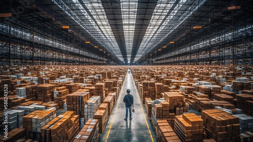 A person standing inside a giant logistics hub warehouse with hundreds of packages and containers, shipping centre, port, created using Generative AI technology photo