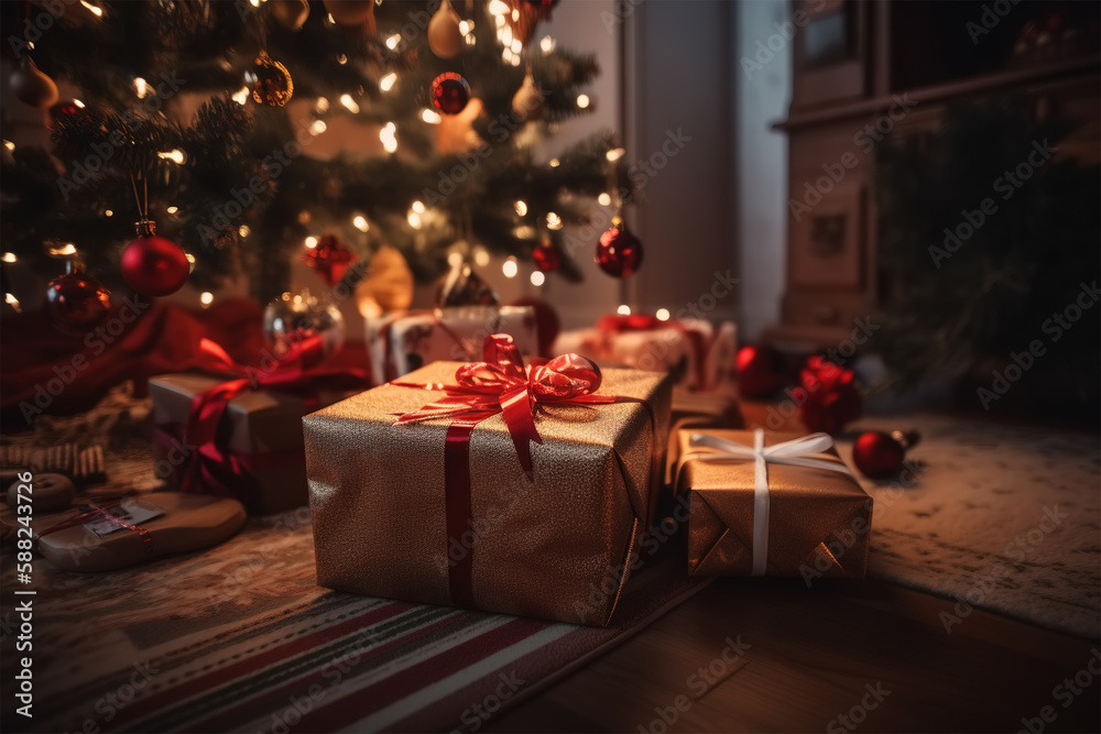 Merry Christmas and Happy New Year holiday concept. Xmas evening, packed boxes of surprise gifts under decorated Christmas tree with lights. Generative AI