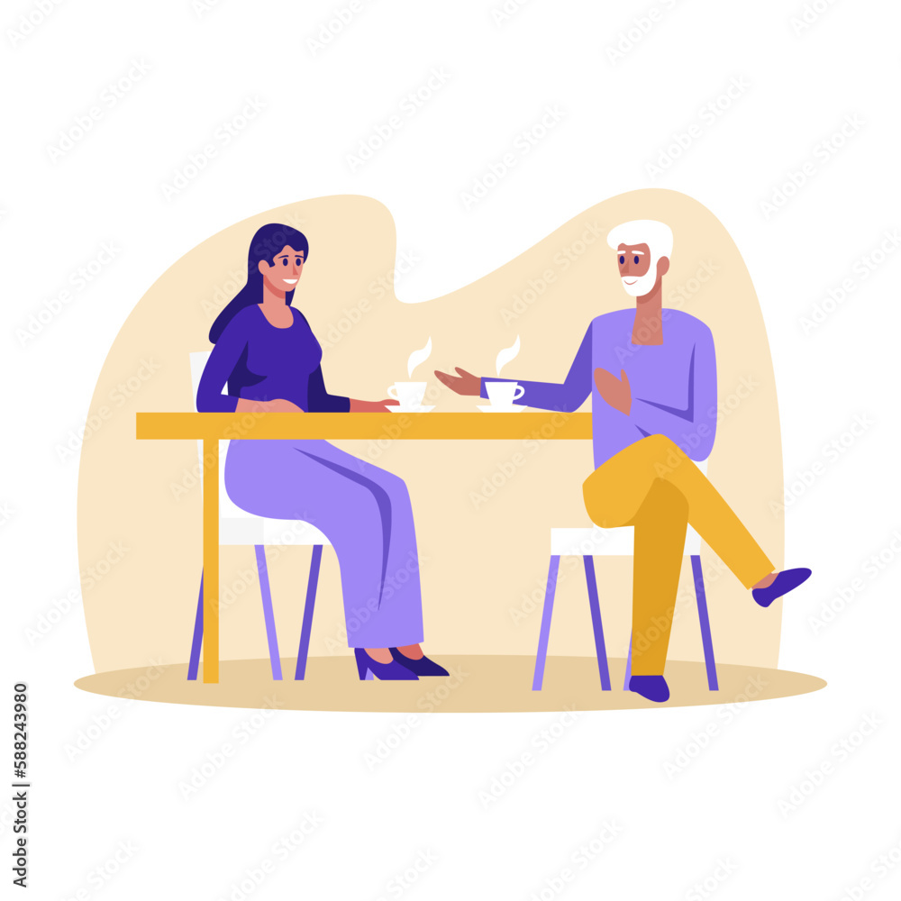 Cartoon characters of couple drinking coffee in cafe. Young man and woman spending time together. First date in cafeteria. Coworkers having coffee break. Vector