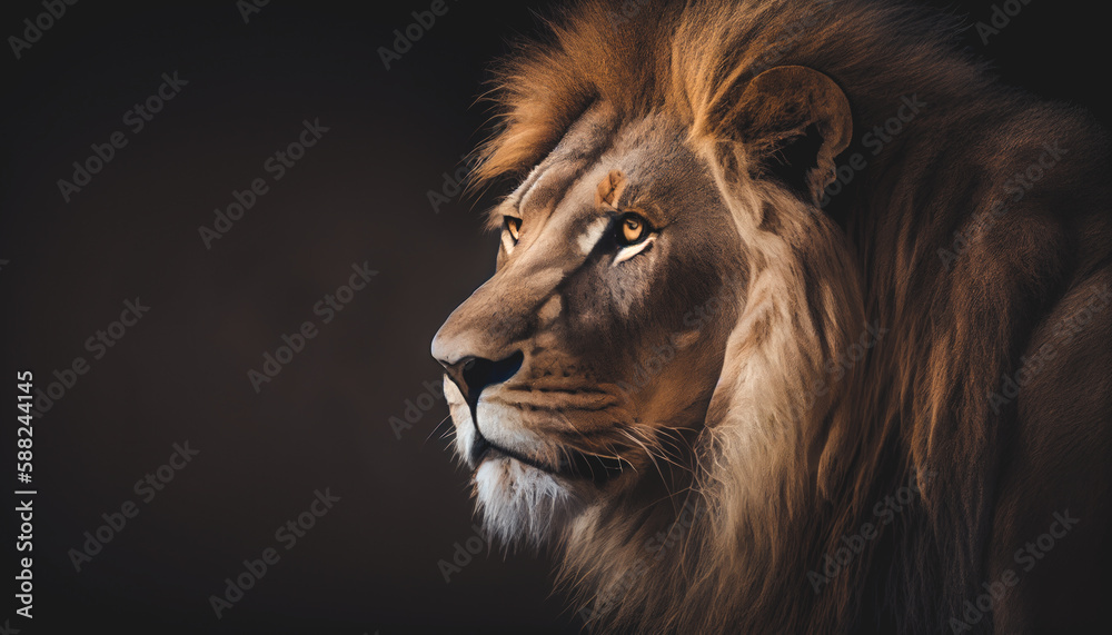 Naklejka premium Portrait of a big male African lion against a black background