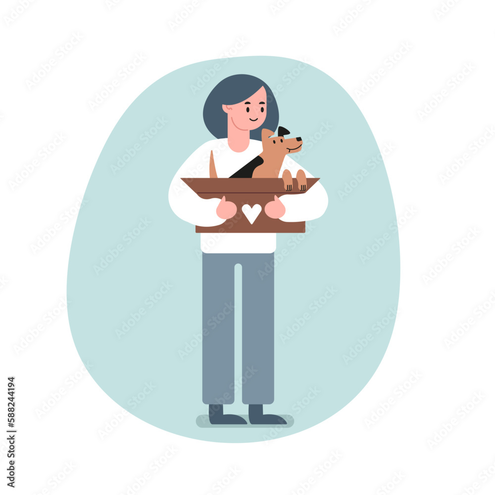 Young woman from volunteering organization with dog. Social active youth. Cartoon character adopting adorable pet. Charity and donations for domestic animals. Vector