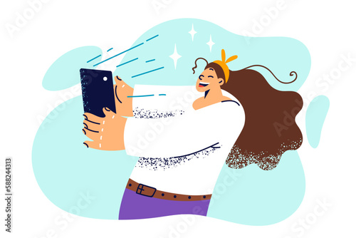 Woman makes video call using phone to communicate with friends or relatives living in another city