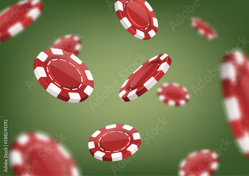 3d realisitc vector green background. Casino concept. Poker game flying chips. Game tokens.
