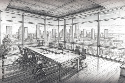 modern conference room with panoramic city view. Generative AI